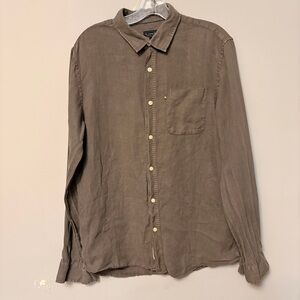 The Academy Brand Men’s Button Down M Taupe Brown Linen Chambray Casual